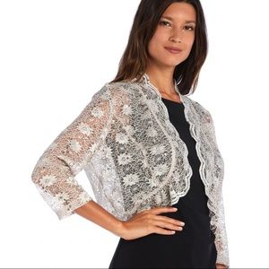 R&M Richards Champagne Sparkly Lace Bolero w/Scalloped Edges 3/4 Sleeve